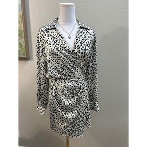 Zara Leopard Print Satin Wrap Mini Dress White Black Collared Size XS